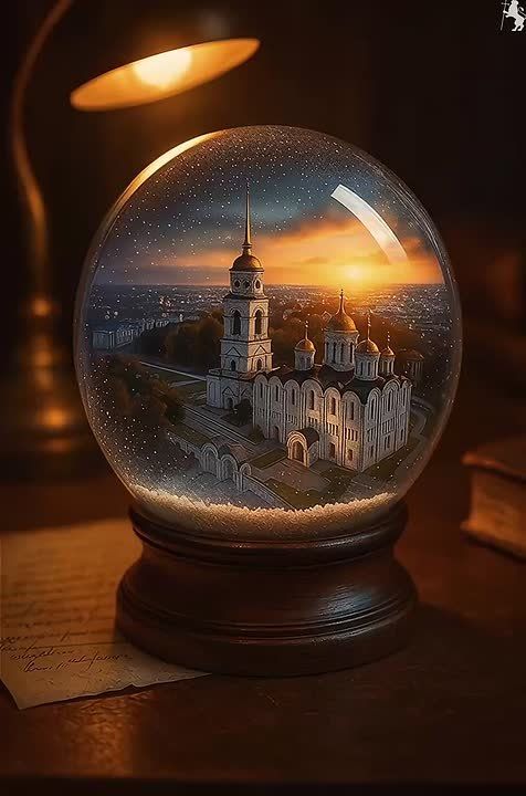Волшебство уже на пороге. Внутри хрустального шара, под мягким светом, белые снежинки легко и воздушно парят, а за ними – величественный Успенский собор, окутанный закатным сиянием