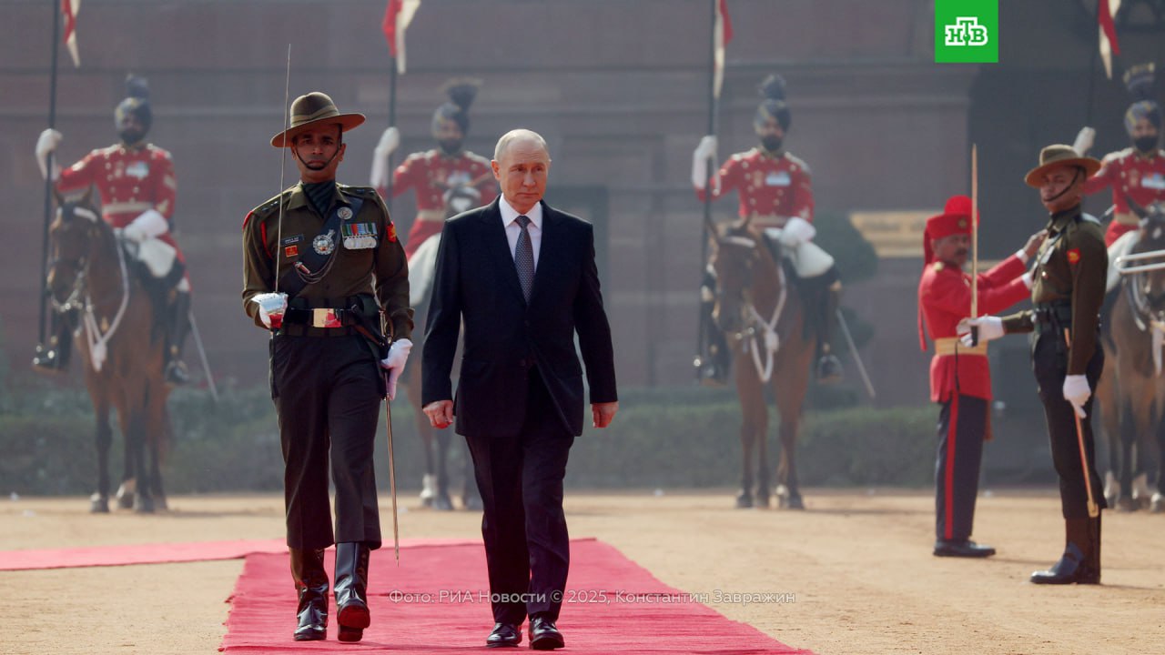 Красная ковровая дорожка, российские флаги и почетный караул: кадры официальной церемонии встречи Владимира Путина в Нью-Дели