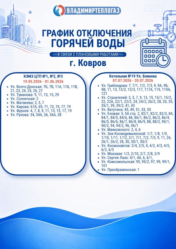 ГОРОД КОВРОВ. Уважаемые жители! ООО «Владимиртеплогаз» сообщает о плановых летних отключениях горячего водоснабжения ГОРОД КОВРОВ. Уважаемые жители! ООО «Владимиртеплогаз» сообщает о плановых летних отключениях горячего водоснабжения