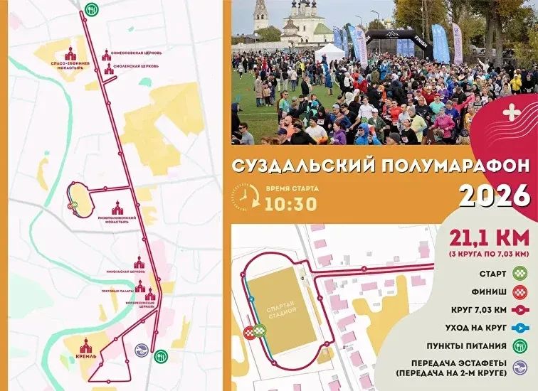 Забег + история.... В это воскресенье, 11 октября, в Суздале в шестой раз пройдет полумарафон «Жемчужина Золотого кольца». Это прекрасная возможность пробежать по живописным улицам, мимо храмов и кремля, насладиться осенней... Забег + история.... В это воскресенье, 11 октября, в Суздале в шестой раз пройдет полумарафон «Жемчужина Золотого кольца». Это прекрасная возможность пробежать по живописным улицам, мимо храмов и кремля, насладиться осенней...